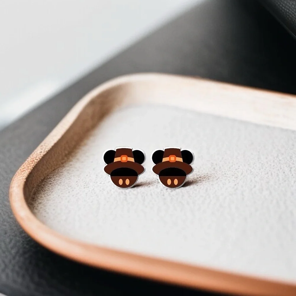 Thanksgiving Pilgrim Hat Mouse Ears Stud Earrings NWT Festive Fall Jewelry